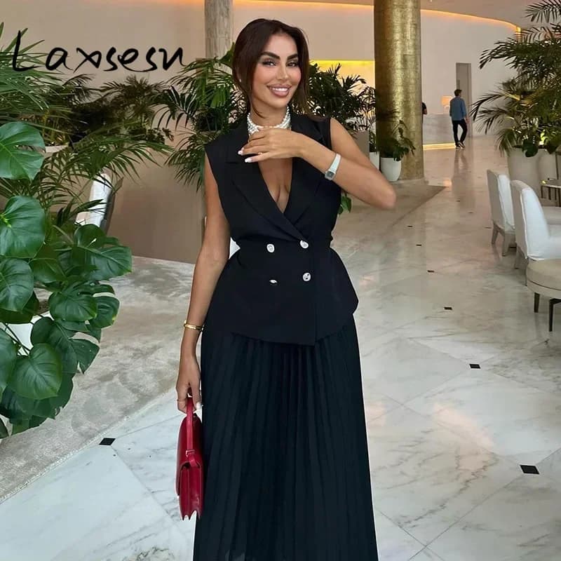 Laxsesu Two Piece Skirt Sets Casual Outfits Women Double Breasted Blazer Top + Pleated Long Skirts Suit Female Vocation Clothes