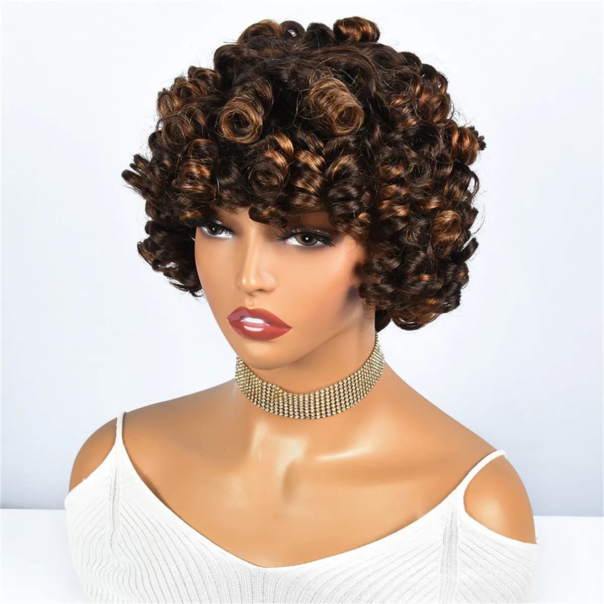 Highlight Curly Pixie Cut Wigs Human Hair Glueless Wigs Fringe Full Machine Made Wigs With Bangs Fringe Human Hair Wigs Hairugo