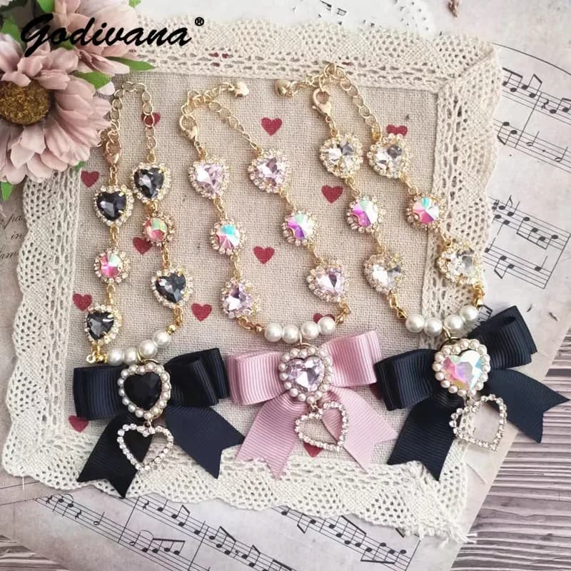Beads Accessories Forwomen Japanese Style Sweet Cute Lady Bracelets Girl Love Heart Bow Tie Rhinestone Beaded Bracelet