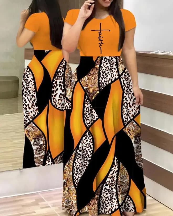 Women's Casual Dress 2024 Spring Summer Latest Plus Size Floral Print Short Sleeve Maxi Dress Round Neck Daily Long Skirt