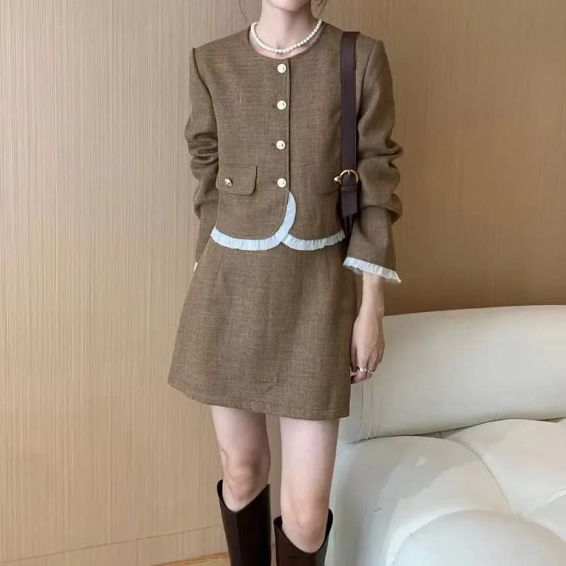 Elegant Socialite Jacket Skirt Suits Women Spring Autumn Contrast Color Wood-ear Short Coat Slimming A-line Skirt Two-piece Set