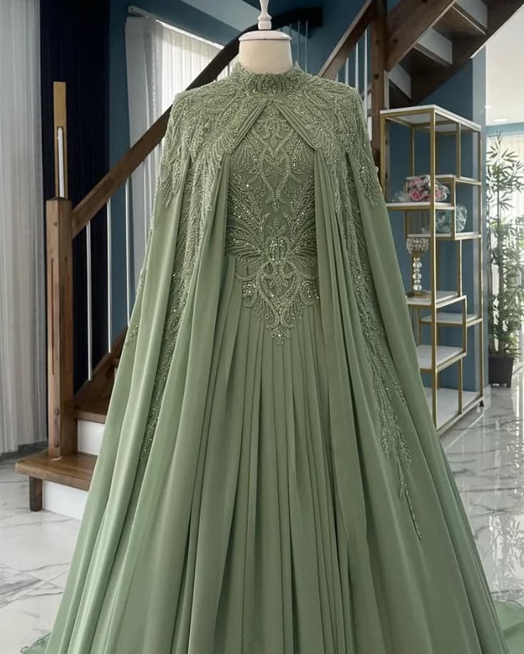 Mint Green Muslim Caftan Prom Formal Dresses with Cape Gillter Applique Floral High Neck Customsized Evening Gown Garment