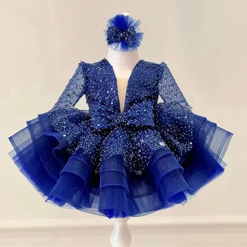 Princess Flower Girl Dresses for Wedding Bow Sequins Full Sleeve Knee Length Baby Kids Birthday Party Communion Party Gown