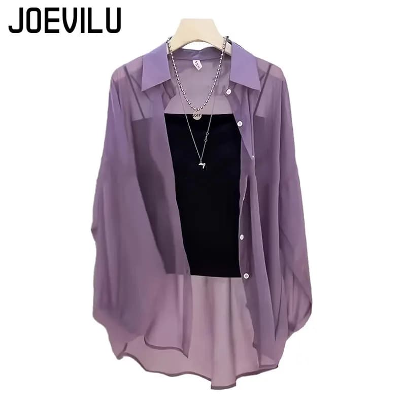 Sheer Chiffon Shirt Women's Casual UV Resistant Cardigan Summer Thin Commuting Coat Japanese Fashion Mesh Sunscreen Clothing Y2k