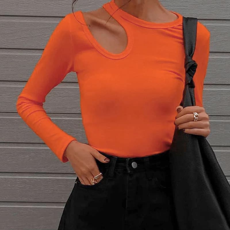 Women's Sexy Hollow Out Skinny Cropped Tops, Casual T Shirt, Round Neck, Long Sleeve, Monochromatic, Elegant, Basic Tees, Autumn