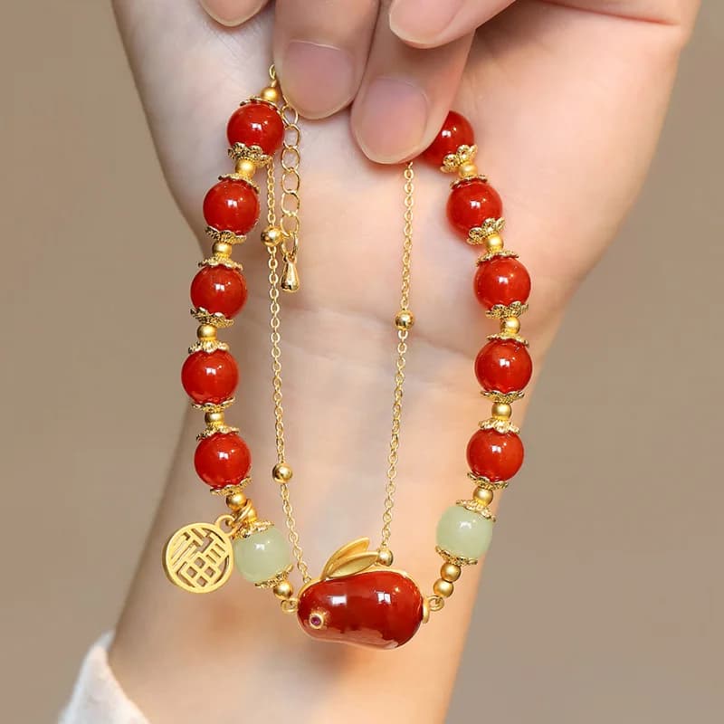Southern Red tourmaline cute rabbit bracelet for women Natural Hotan Jade Exquisite double bead chain design bangles jewelry