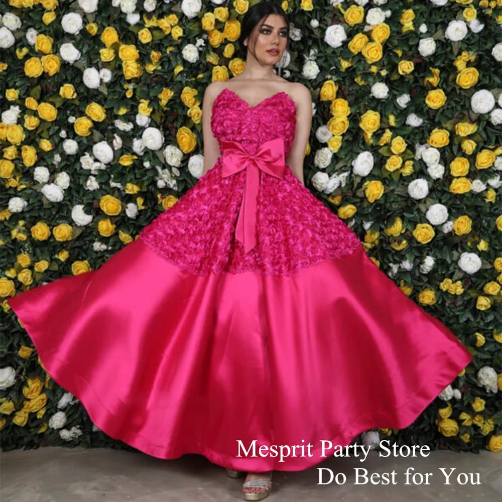 Fuchsia Evening Dress V Neck Sleeveless Rose Flower Satin Cocktail Party Gown Ankle Length A Line Prom Dresses with Bow