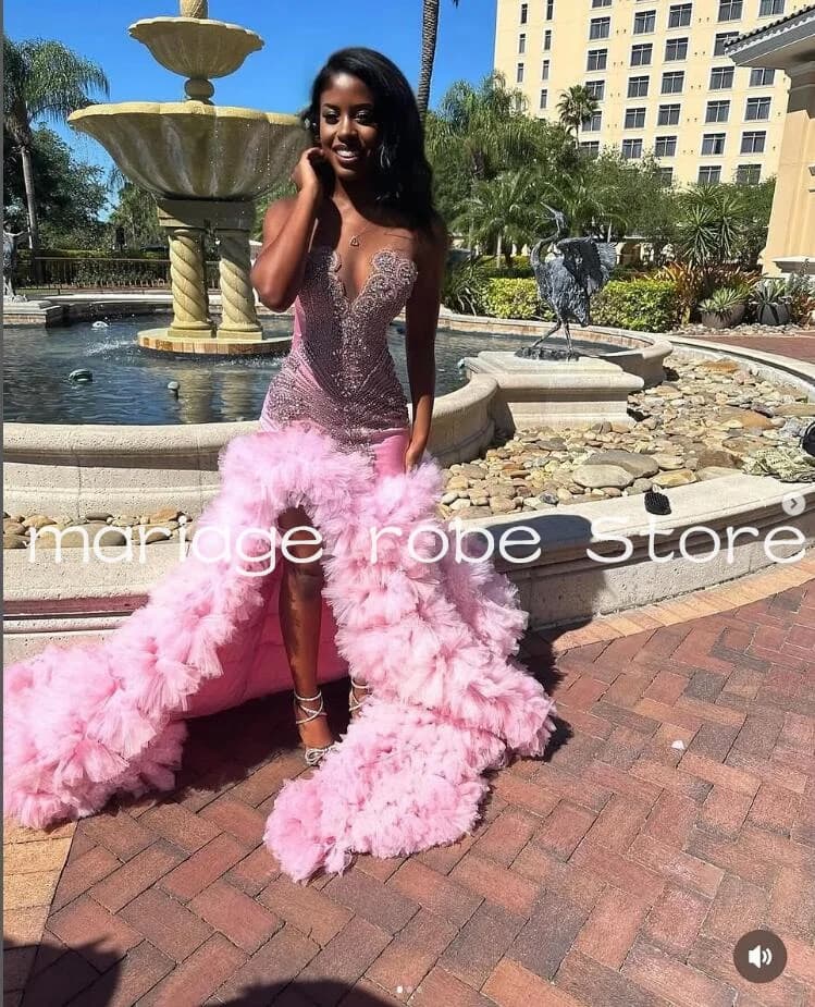 Pink Sparkly Black Girl Prom Dresses 2025 Customsized Ruffles Slit Skirt Luxury Diamond Crystal Evening Birthday Gala Gown
