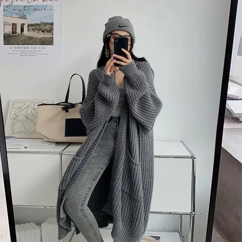 Lazy Wind Thick Line Knitted Coat Women's New Autumn and Winter Fashion Loose Solid Color in The Long Sweater Cardigan Top Tide