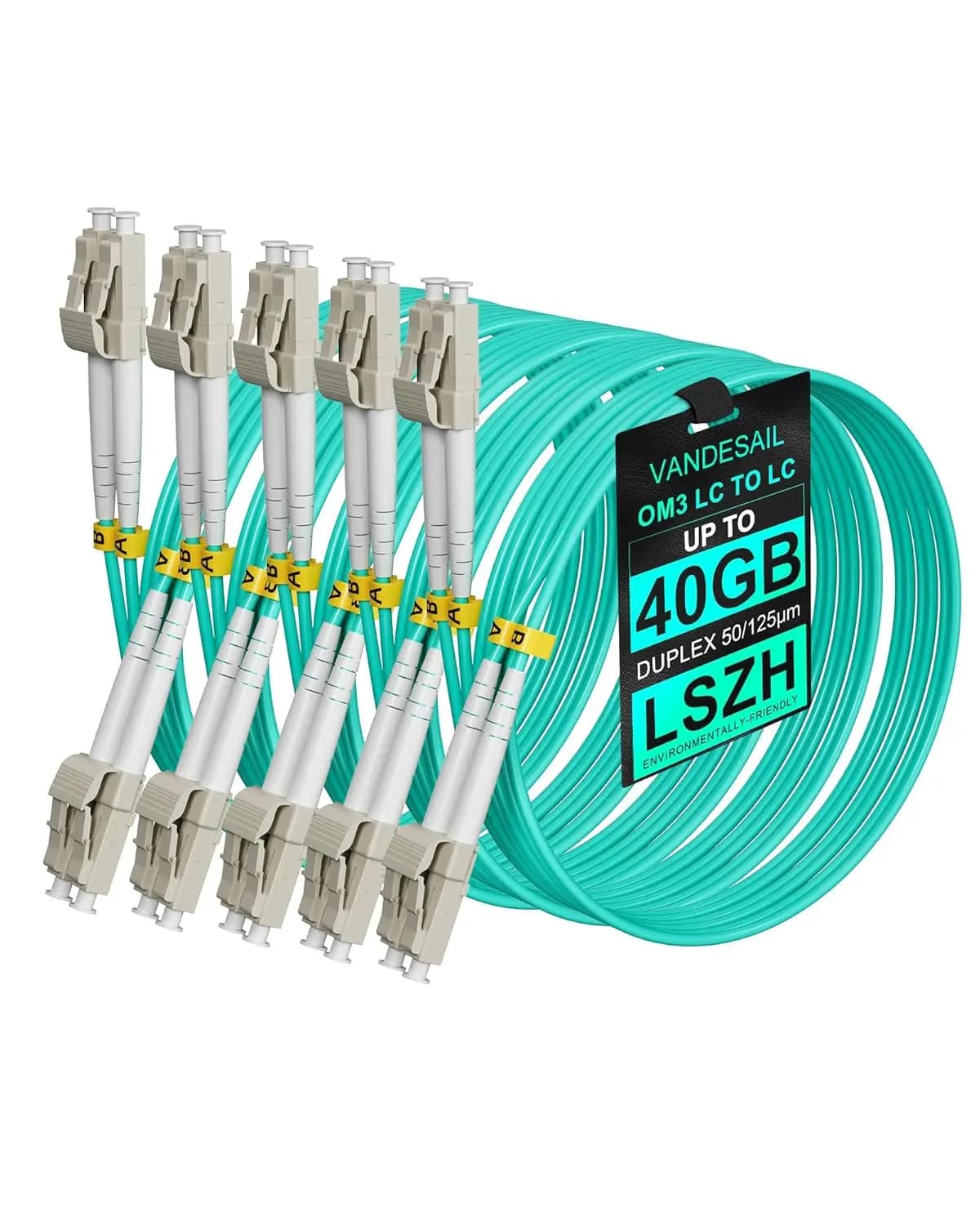 Vandesail OM3 LC-LC 0.2m/0.5m/1m/2m/3m/5m7m Duplex Fiber Patch Cable | 10G Internet, Multimode SFP, LSZH Jacket - 5 Piece