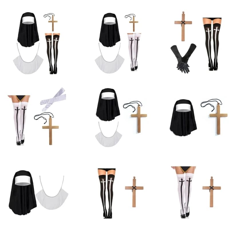 MXME Nun Costume with Pendant Necklace Nun Hat Halloween Cosplay Party Costume
