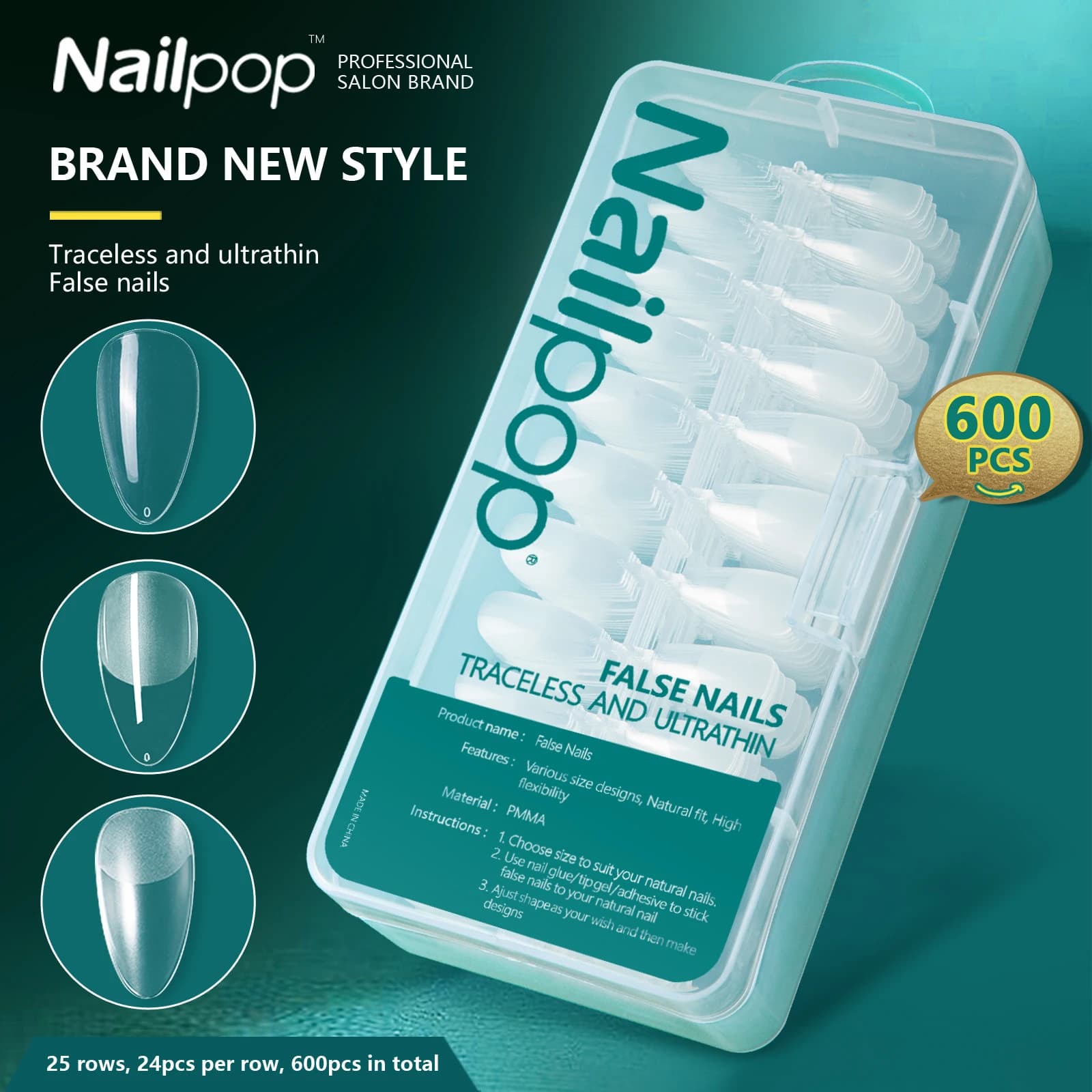 Nailpop 600pcs Soft Gel X Nail Full Cover Pre Shaped Fake Nails 12 Sizes Press on Acrylic Nail Tips for Professional DIY Salon