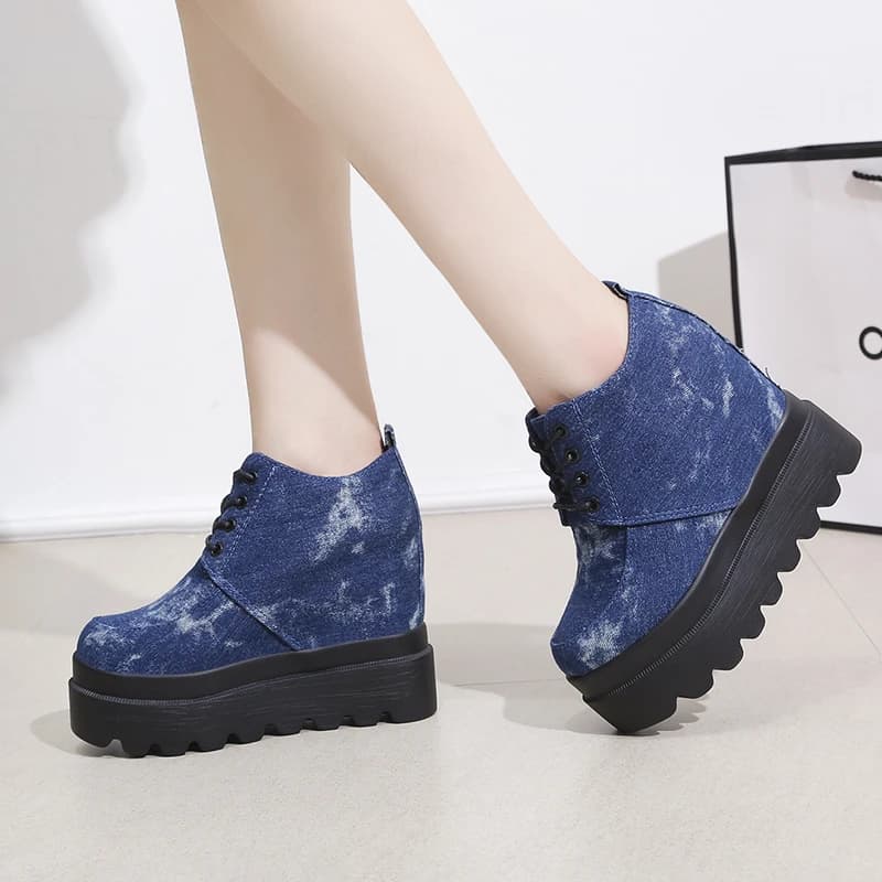 Autumn Women Platform Shoes 12cm High Heels Casual Denim Leather Suede Chunky Shoes Female Elegant Thick Sole Wedges Footwear