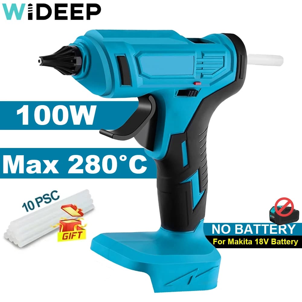 280°C 100W Cordless Hot Melt Glue Gun Portable Rechargeable with 10pcs 11mm Glue Sticks DIY Repair Tool For Makita 18V Battery
