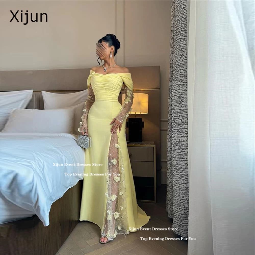 Xijun Yellow Luxury Mermaid Evening Dresses Saudi Arabric Flowers Beading Prom Dress Off The Shoulder Long Prom Gown Customized