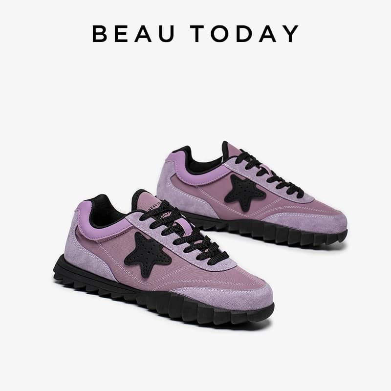 BEAUTODAY Leisure Sneakers Women Genuine Leather Purple Mixed Color Shoes Sports Lace Up Flats Ladies Casual Footwear Pair 29879
