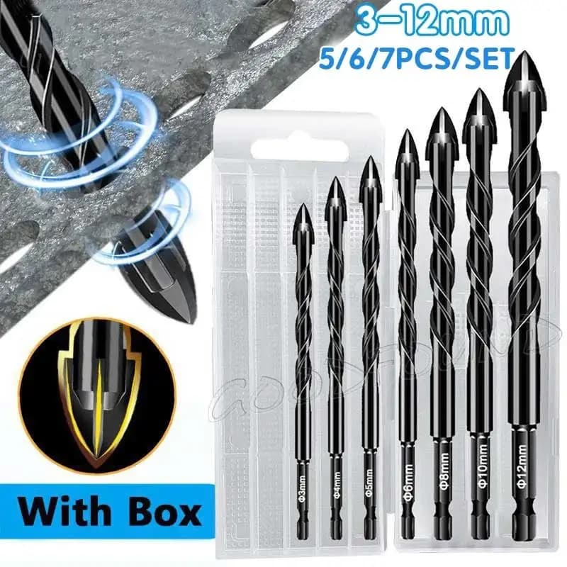 7pcs 3-12mm Cross Hex Tile Drill Bits Set for Glass Concrete Ceramic Hole Opener Brick Hard Alloy Triangle Bit Tool Boxed Kit