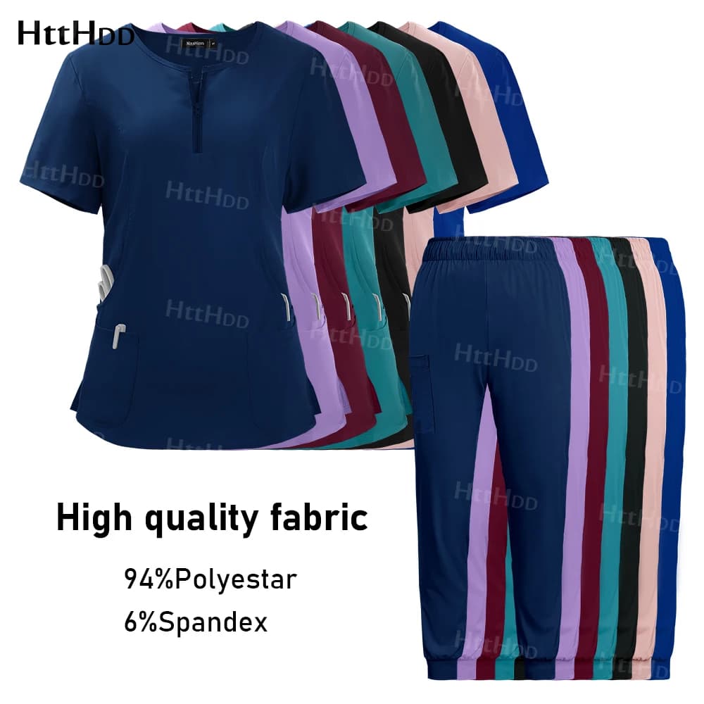 Spa Uniform Scrubs Women Breathable Soft Short Sleeved Top Joggers Pants Zipper Collar Beauty Salon Nail Technician Work Uniform