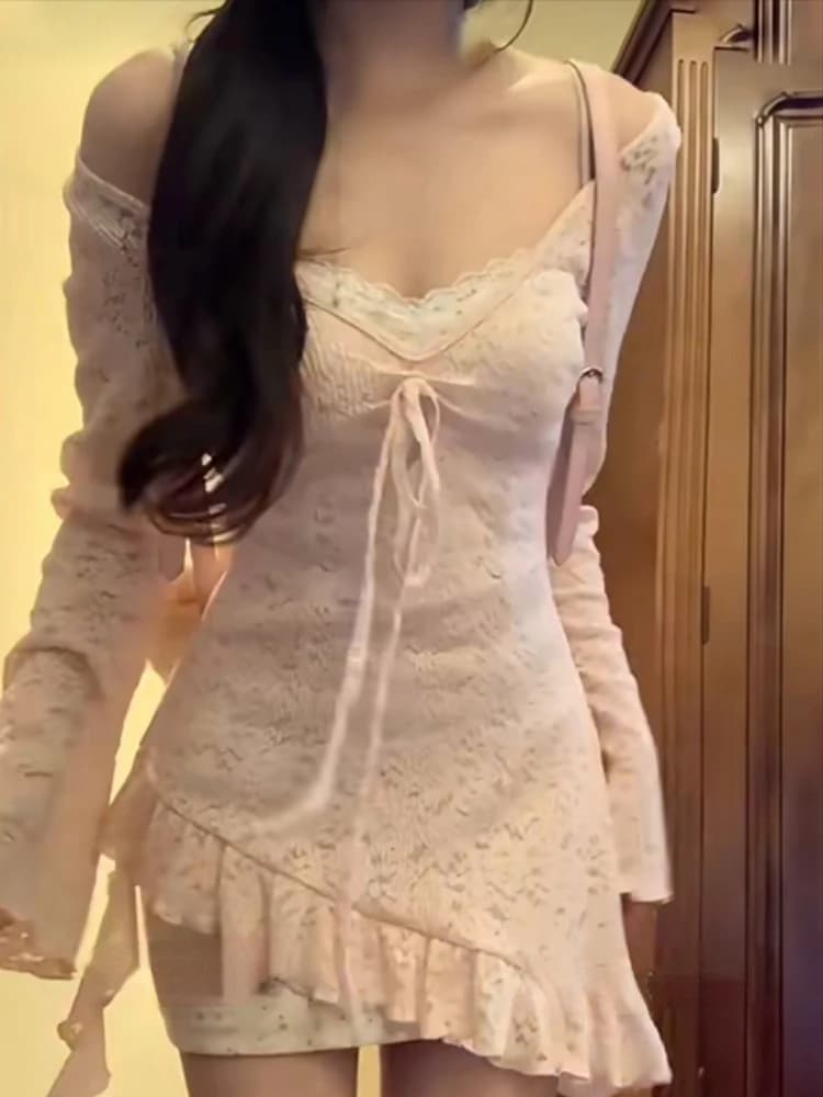 Korean Fashion 2 Piece Dress Sets 2024 Summer Beach Sexy Party Women Lace Floral Irregular Strap Mini Dress + Casual Cardigan