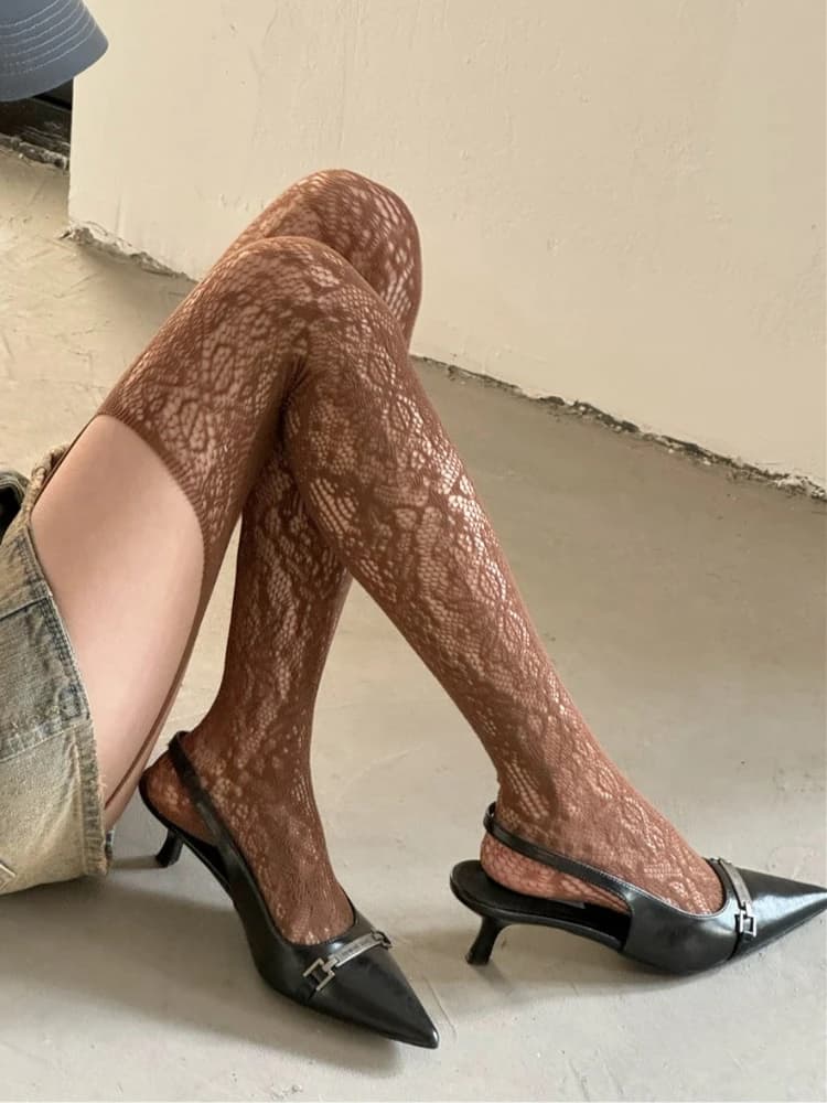 New Floral Pattern Coffee Fishnet Stockings with Suspender Women Sexy Brown Hollow Out Mesh Thigh High Socks Lolita Long Socks
