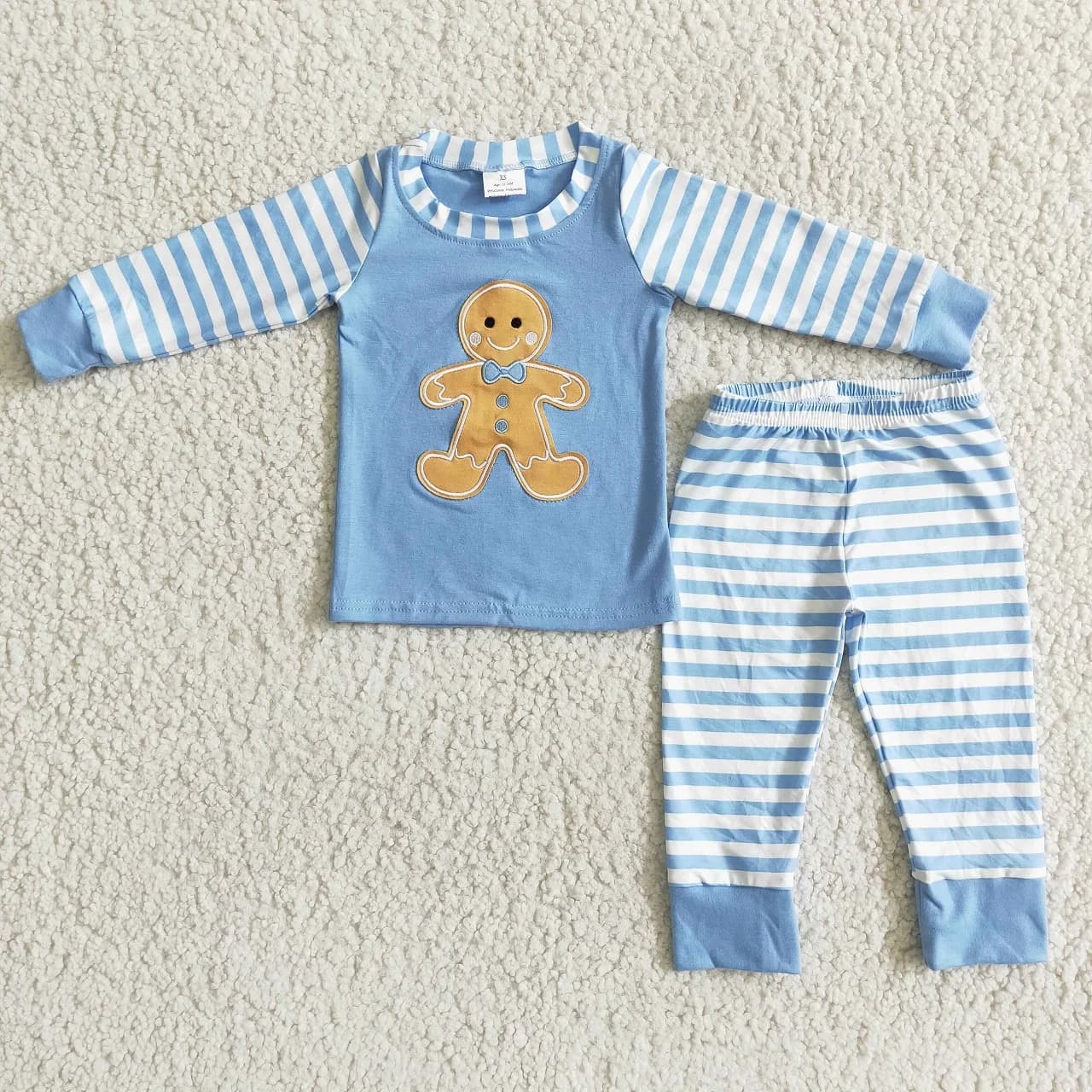 Promotion Baby Boy Christmas Sleepwear Toddler Long Sleeves Children Embroidery Blue Shirt Stripes Pants Outfit Kids Set Pajamas