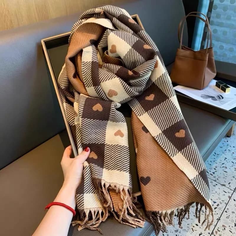 1 Women's Autumn and Winter Heart-Patterned Scarf, Women's Plaid Comfortable Scarf, Thick Large Blanket Shawl Scarf