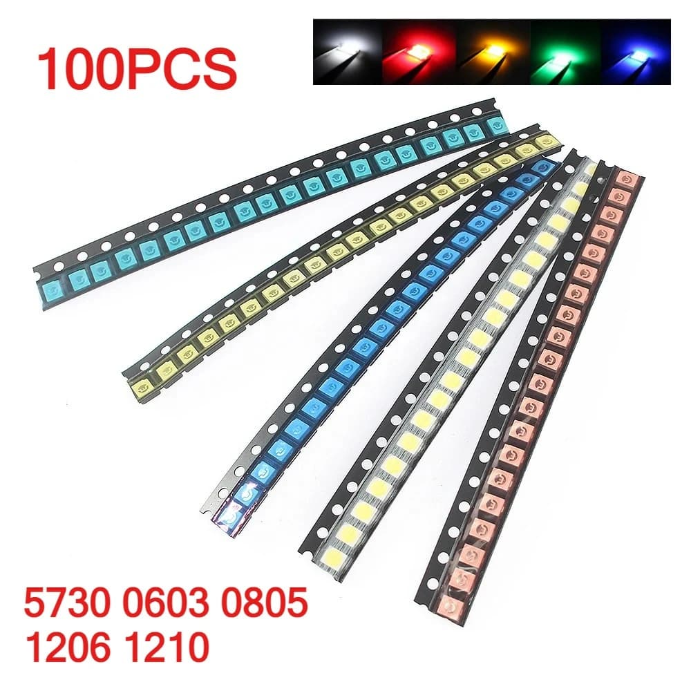 5 Colors X 20pcs SMD LED Kit 1206 0603 0805 1210 5730 Light Emitting Diode Red White Yellow Green Blue DIY Assorted Kit 100pcs