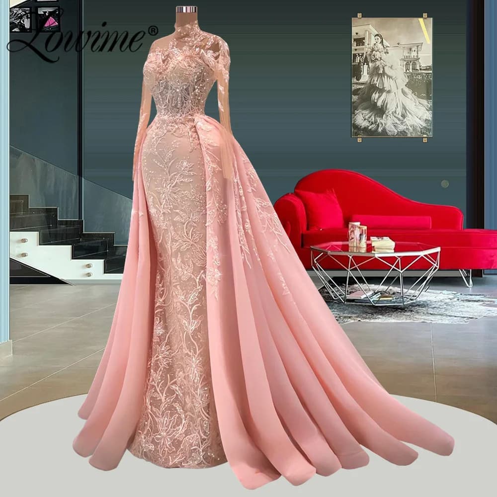 Lowime Pink Lace Applique Formal Long Party Dress Dubai Evening Dresses Customized Arabic Prom Gowns With Detachable Train Robe