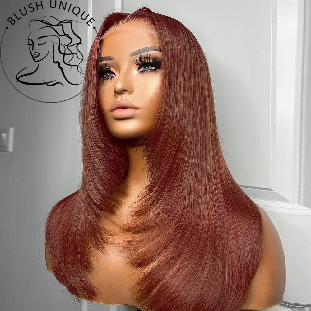 Reddish Brown Straight Lace Front Wigs Layered Cut Wig Glueless Layered Lace Wigs Synthetic Butterfly Haircut Natural Hairline
