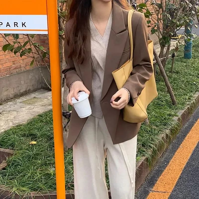 Insozkdg Brown Women Suit Jacket 2024 New Spring Autumn Korean-style All-match Niche Design Casual Mid-length Office Lady Blazer