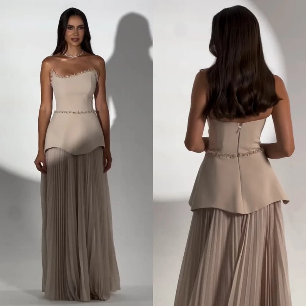 Customized Jersey Sequined Pleat Strapless A-line Long Dresses Bespoke Occasion Zip Prom Party Gown Exquisite Sparkle Evening
