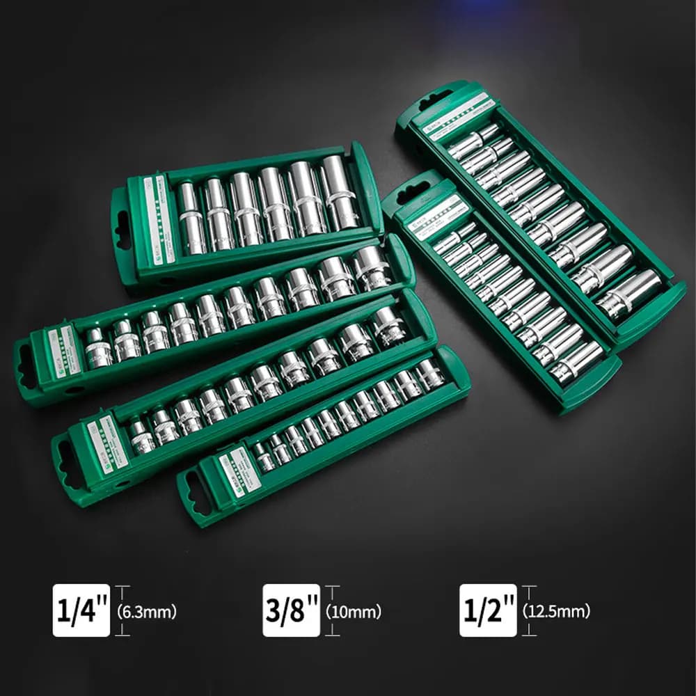 Hex Socket Wrench Head Set For Ratchet 1/4 3/8 1/2 Short Long Socket Deep Nut Driver Sleeve Spanner End Ratchet Tool With Holder