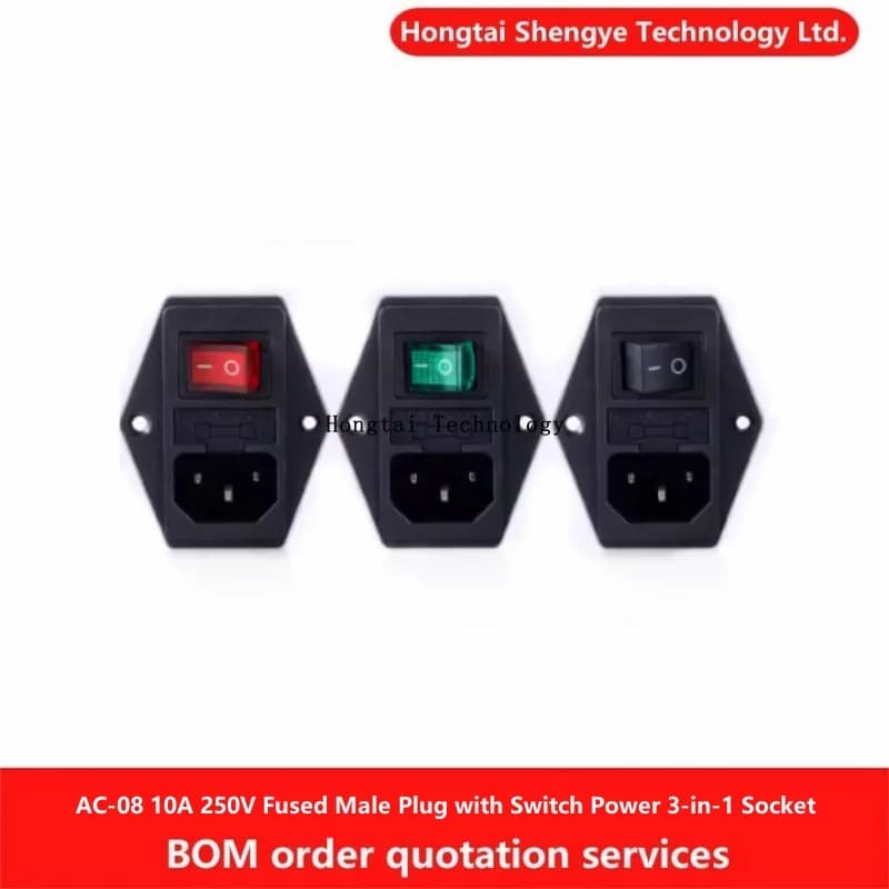 AC-08 AC01A with 10A 250V FuseMale Plug with SwitchRocker Boat Switch4 Pin Power Triplex Pin Socket with Fixing Lugs