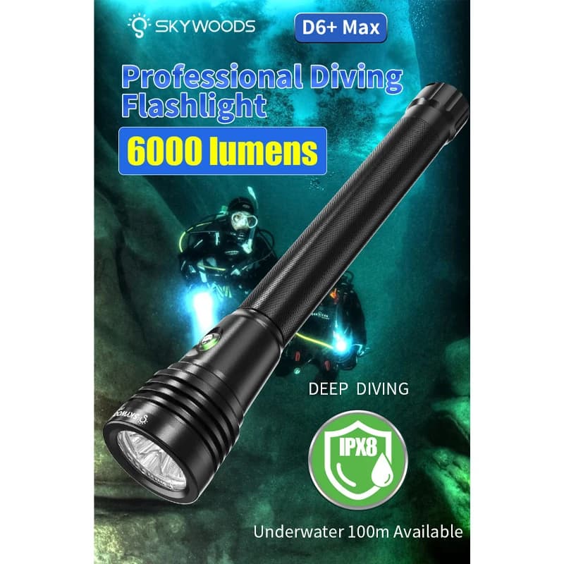 SKYWOODS D6+MAX Strong Light Diving Flashlight 6000 Lumen Night Diving Aluminum Alloy Material Advanced Waterproof