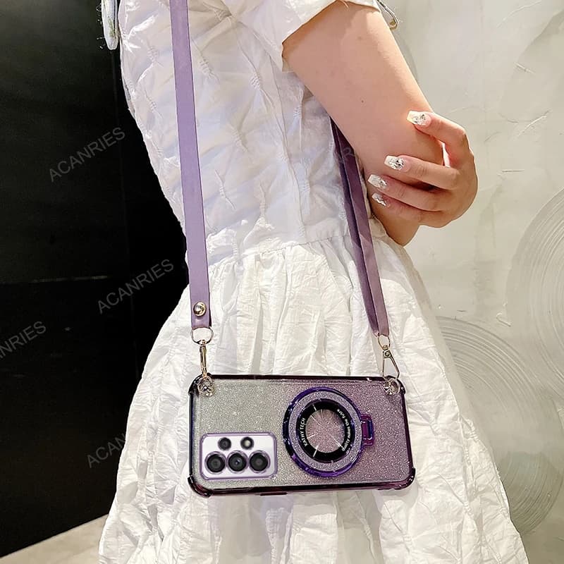 For Samsung Galaxy A73 5G A53 A52 A33 A32 A52s A23 A13 4G Crossbody Lanyard Four Corner Anti-shock Plating Case A 53 Stand Cover