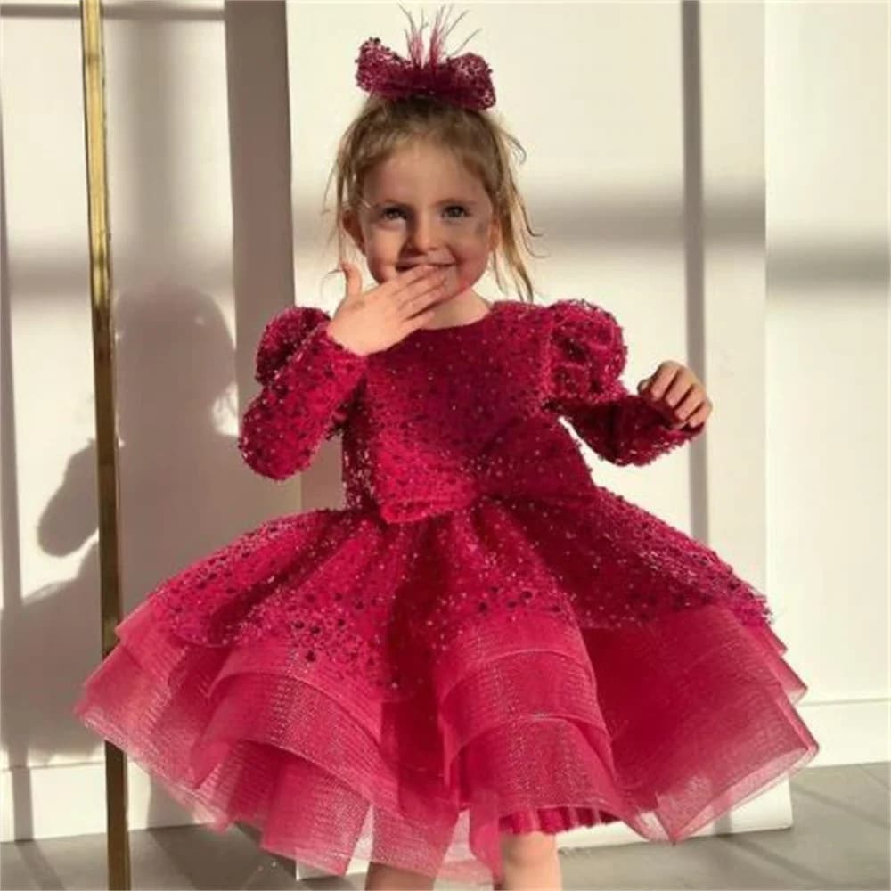 Sequin red children's dress girl's long sleeved sparkling princess dress baby's birthday banquet