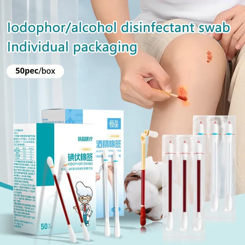 50/250 Pcs Disposable Iodine /Alcohol Cotton Swabs Stick Wound Sterilize Asepsis Cotton Portable Outdoor Medical Supplies