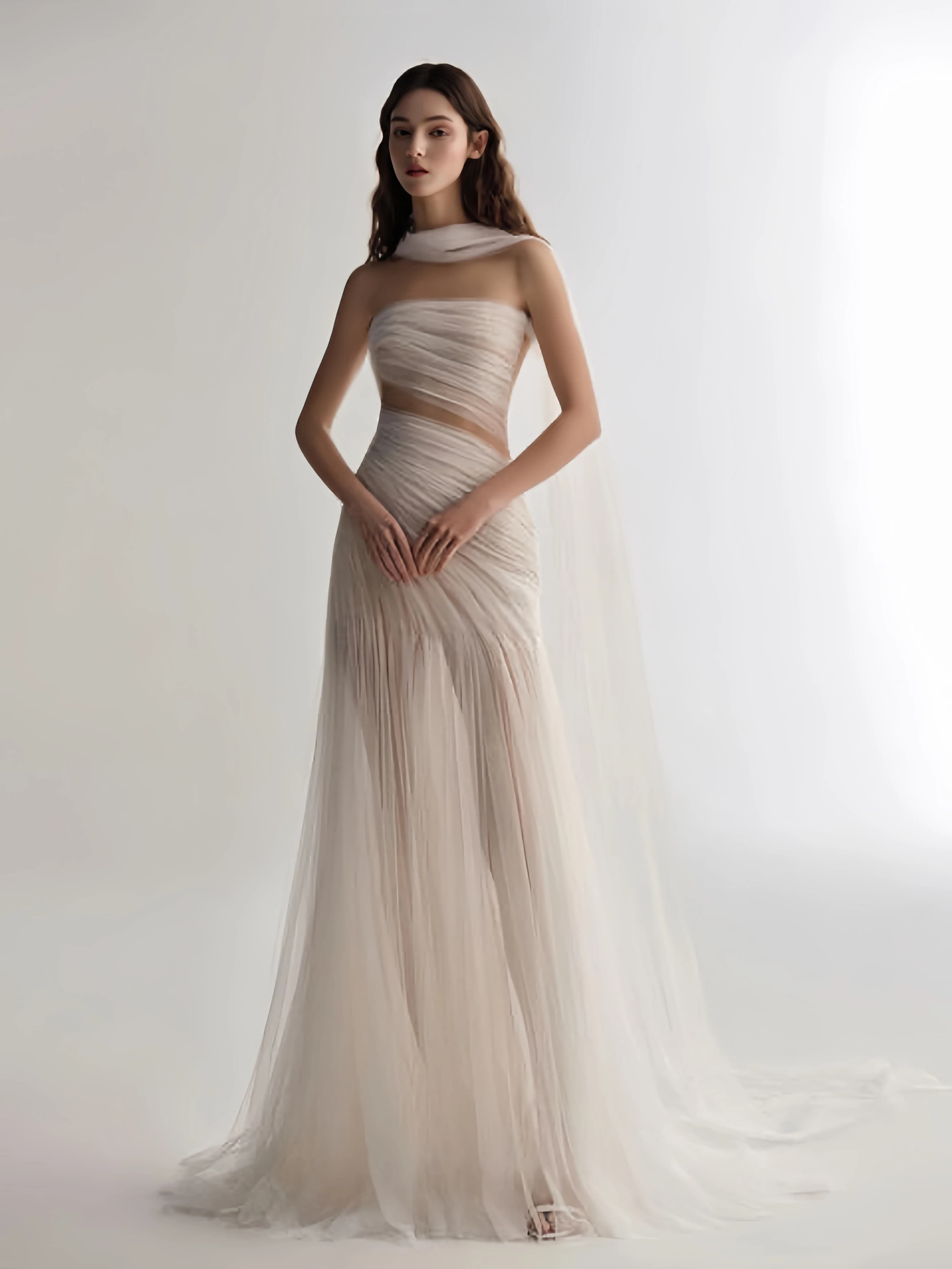 Elegant White Evening Dress A-Line Bandeau Sexy Backless Strapless Sleeveless Pleated Tulle Special Occasion Party Dress