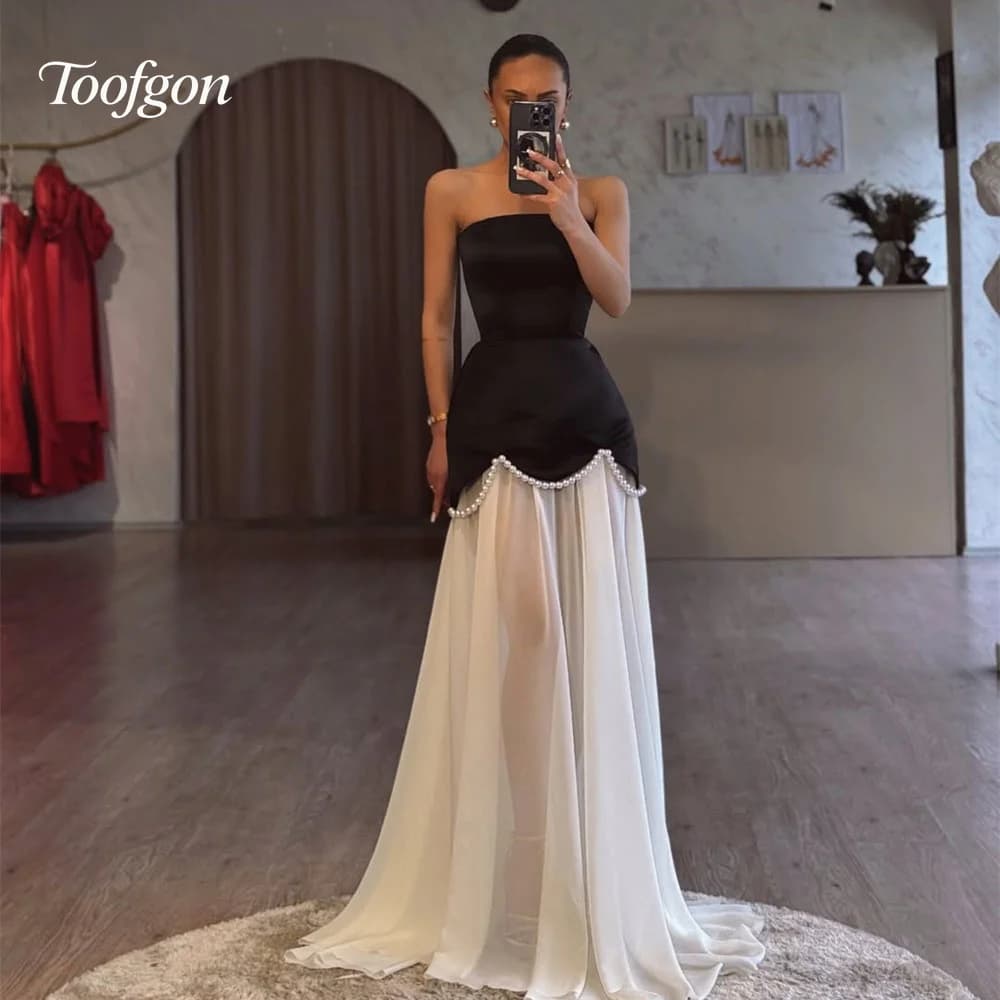 Toofgon Strapless A Line Satin Chiffon Long Evening Dresses Customized Pearls Beads Special Occasion Party Dress Women Prom Gown