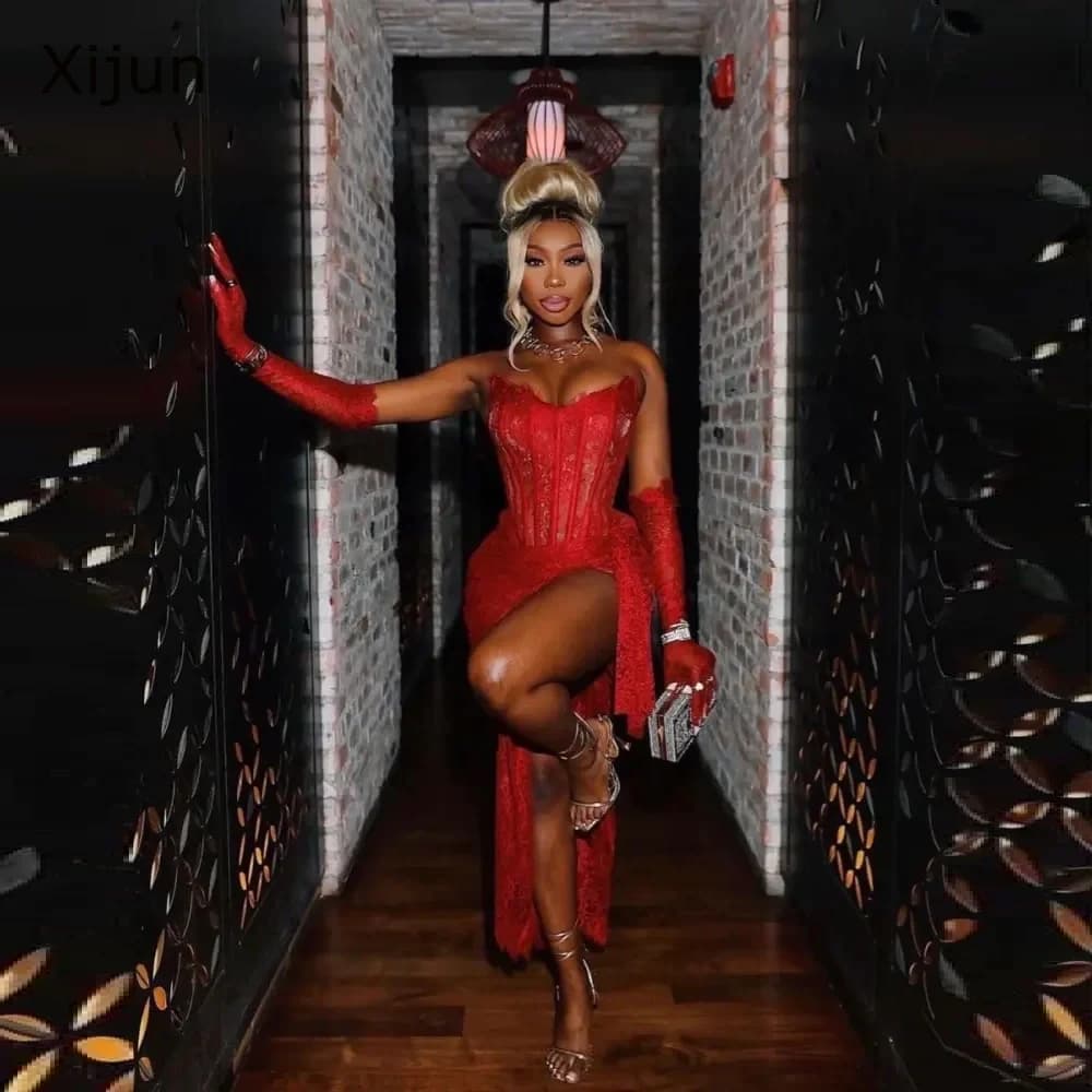 Xijun Red Sexy Lace Prom Dresses High Slit Birthday Party Dress Black Girls Celebrity Evening Dresses For Women Luxury 2024