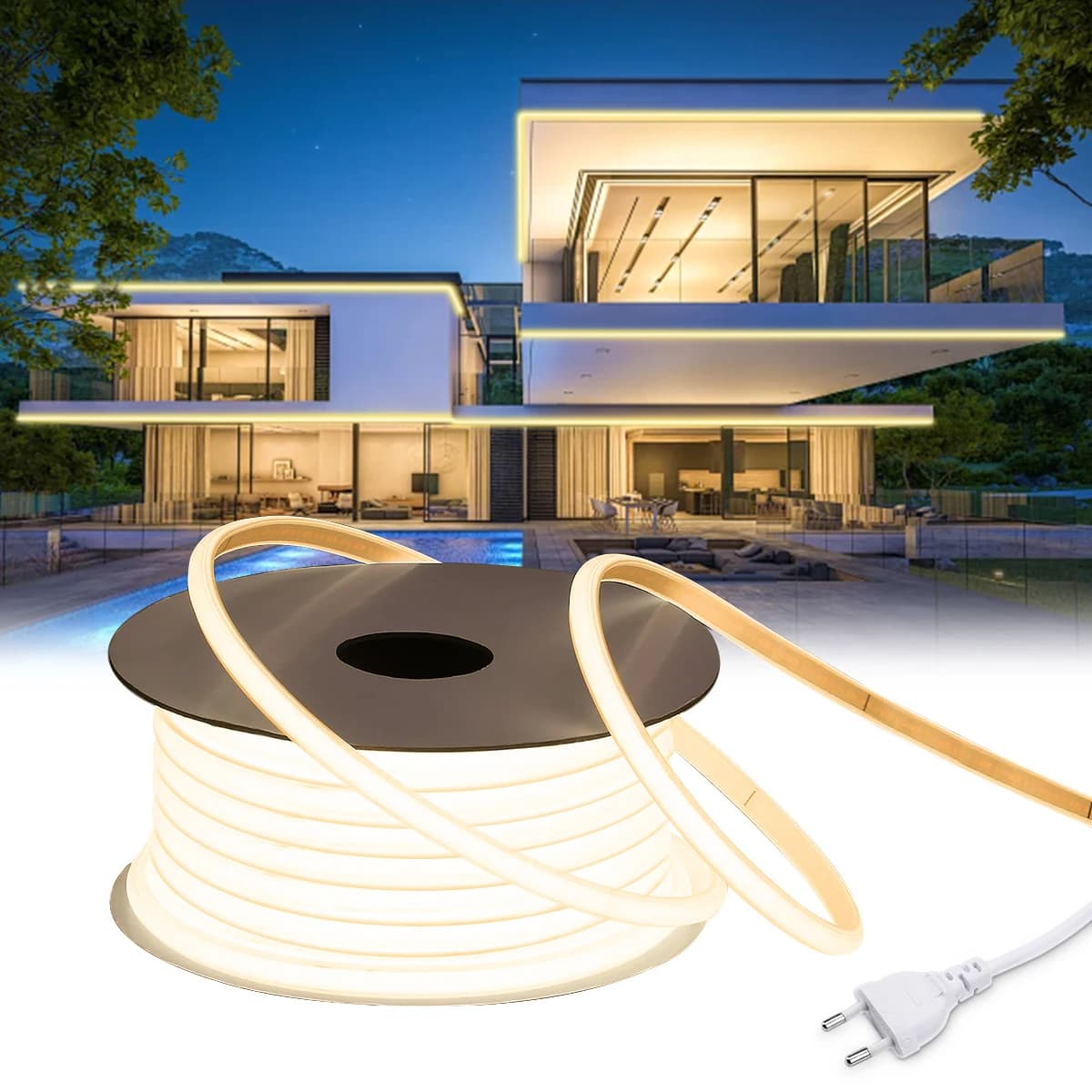 110V 220V Cob LED Tape Outdoor Waterproof Christmas Decor 5/10/20/30M Neon Led Strip with Switch Garden Lights For Kitchen Room
