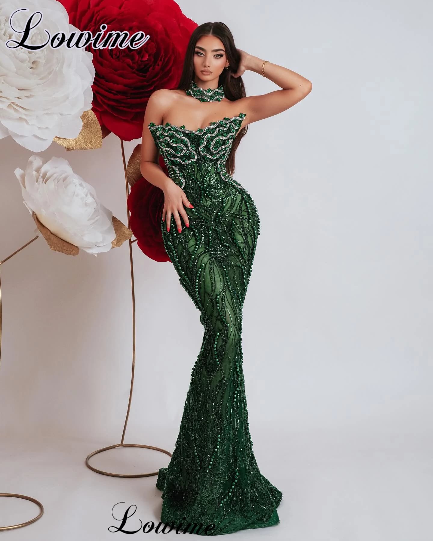 New Special Dark Green Prom Dresses Mermaid Sleeveless Pearls Cocktail Dresses Vestidos De Gala Red Carpet Runway Dresses