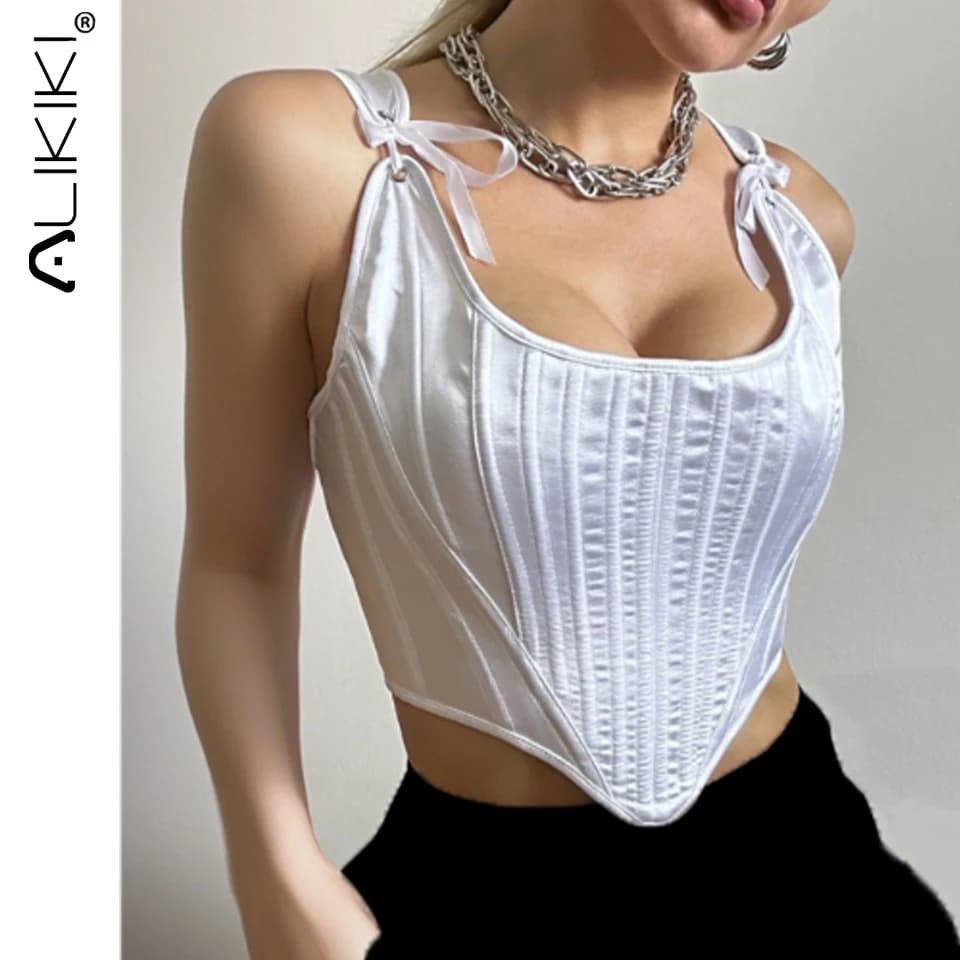 Women's Satin Corsets Top Lace Up Boned Overbust Corset Bustier Lingerie Body Shaper Tank Camis Top