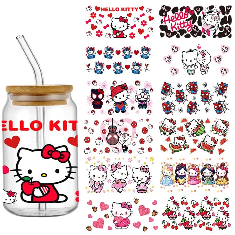 Cartoon Hello Kitty 16OZ UV DTF Cup Wraps Transfer Sticker Waterproof Transfers Decals For 16oz Glass Cup Wrap Stickers