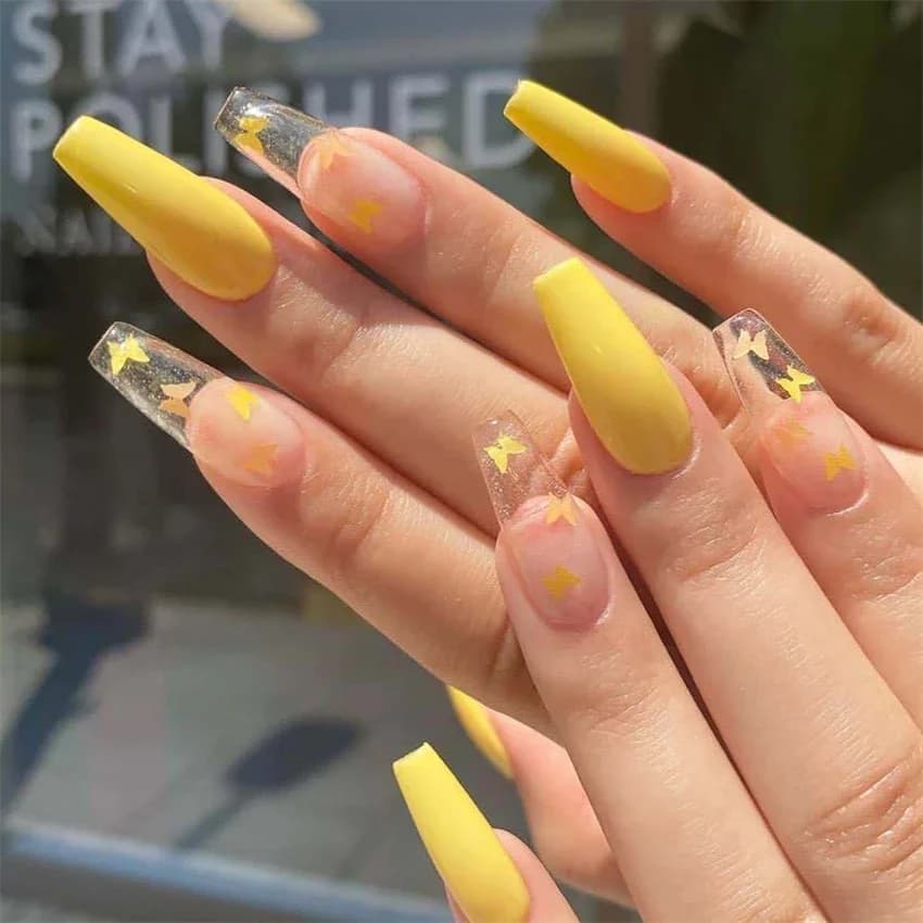 24pcs/set French Long Ballet Wearing False Nails Barbie Yellow Butterfly Paste Fake Nails Full Cover Acrylic Press on Nail Art