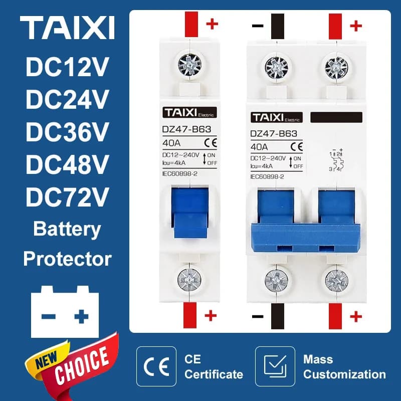 DC 12V 24V 48V 36V 72V MCB Battery Car Protector Mini Circuit Breaker DZ47 Positive And Negative Pole Protection Switch Isolator