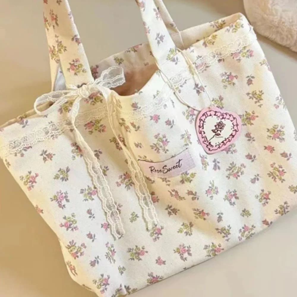 Large Capacity Printed Tote Bag Fashion Sweet with Lace Bow Storage Handbags Canvas Handbag