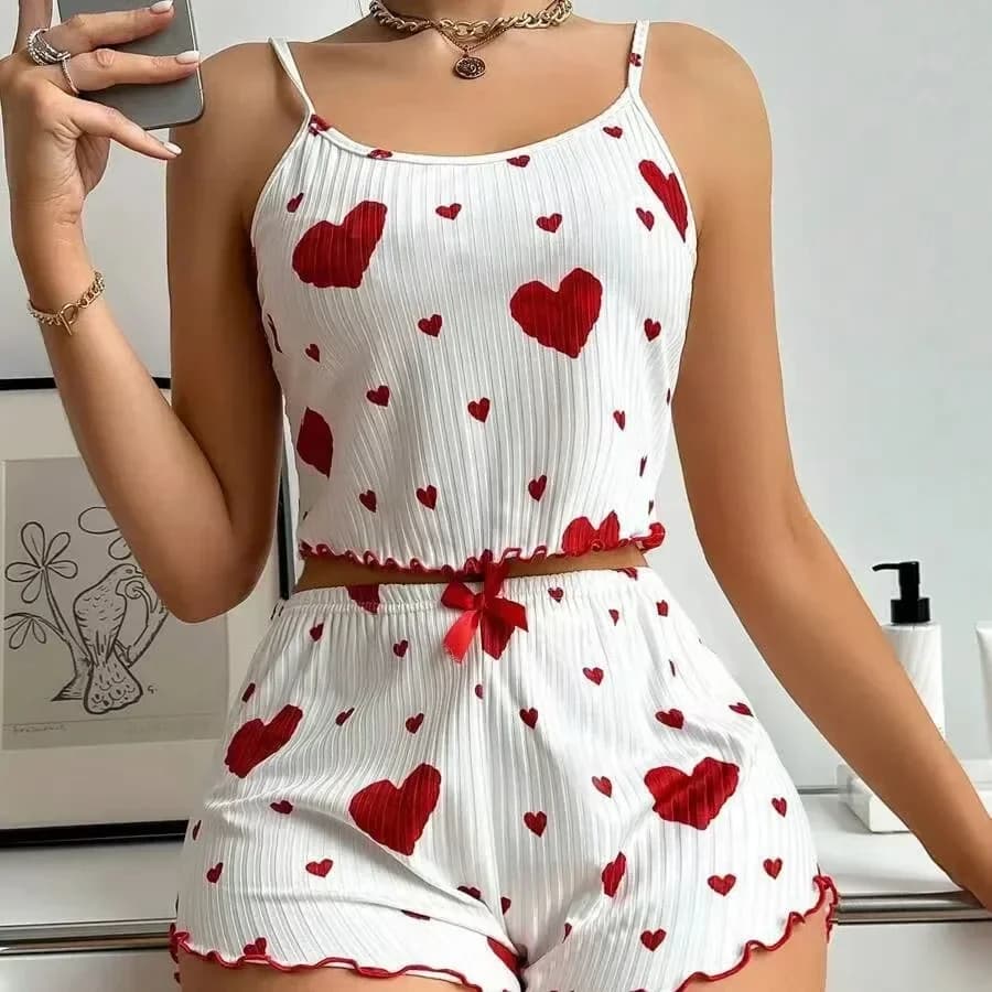 Summer Sleepwear 2 PCS Soft Casual Love Printing Tank Tops and Shorts Pajamas Women's Lingerie Set Pyjamas Loungewear