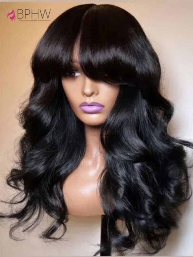 Body Wave Human Hair Wigs With Bangs 180 Density Wave Wig With Bangs Machine Made Wig Human Hair Natural Color Wigs Long Wigs