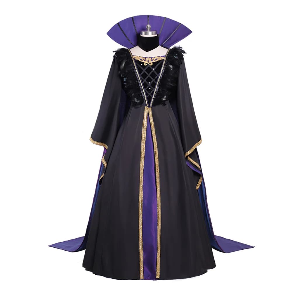 Medieval Vintage Gothic Queen Costume Adult Women Black Feather Decor Dress with Cloak Halloween Carnival Vampire Cosplay Outfit